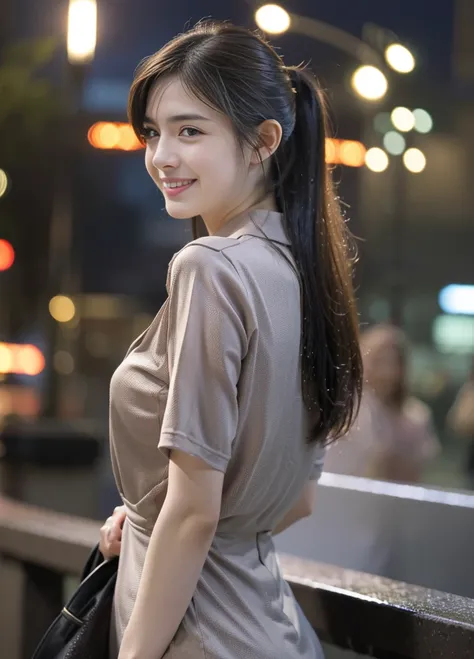 17 year old beautiful girl、Japanese、Highest quality、Realistic、16K、Young face、long hair、Very slim、Full body、Mix 4,(8k, RAW Photos, highest quality, Master:1.2), (Realistic, photo-Realistic:1.37),One girl,cute,Cityscape,night,rain,Wet,professional lighting,P...