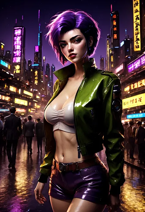 1girl, faye valentine, cowboy bebop, bob cut, solo, big breasts, green eyes, purple hair, hairband, cbbebop, cbbebop spaceship, ...