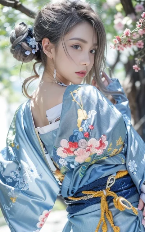 (Beautiful model appearing in Japanese kimono commercial, Beautiful silver mesh long hair swaying in the wind), (alone), ((face is 80% Beauty and elegance, 20% Beautiful and cute:1.5)), (Her roots are in Eastern Europe and Asia), Clear Eyes, (Fine grain, L...