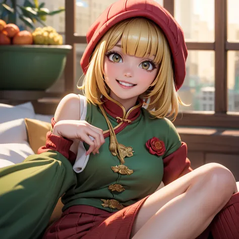 best quality, high quality, very high resolution, ultra detailed, 8k, hyper realistic, 1girl, Bob with bangs, Short Hair, blunt bangs, Blonde hair, red knit hat, smile, green Chinese clothes, Half Body Shot, Chinatown, red paint around the eyes