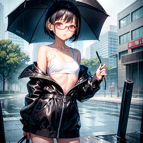 little girlอายุ 14 ปี , short hair, black hair, red eyes, ชุดชั้นในsmall สีขาวแถบแดง, , small, cute, standing in the rain, wet, Beautiful breasts, wear glasses,