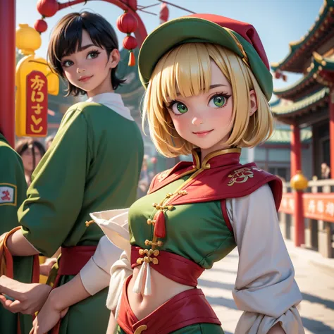 best quality, high quality, very high resolution, ultra detailed, 8k, hyper realistic, 1girl, green eye, Bob with bangs, Short Hair, blunt bangs, Blonde hair, red knit hat, smile, green Chinese clothes, Half Body Shot, Chinatown, red paint around the eyes