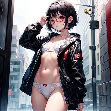 little girlอายุ 14 ปี , short hair, black hair, red eyes, ชุดชั้นในsmall สีขาวแถบแดง, , small, cute, standing in the rain, wet, big breasts, wear glasses, white panties,