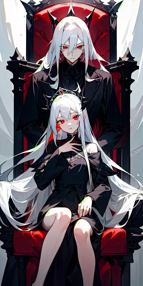 (masterpiece, best quality),1girl of 18 years age with long white hair, has blood red eyes wearing a black and white mix dress And to her right is a silver hair boy with blue eyes wearing a black suit and white coat and sitting on a throne of azure flames 