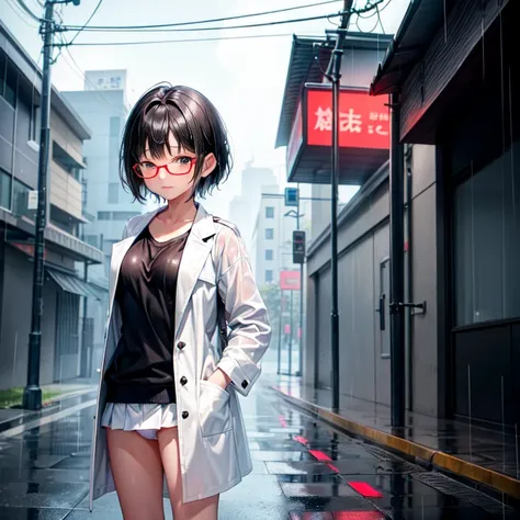 little girlอายุ 14 ปี , short hair, black hair, red eyes, , small, cute, standing in the rain, wet, big breasts, wear glasses, เสื้อชั้นในsmall, white panties, white coat,