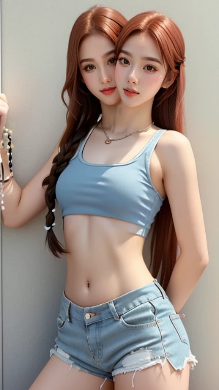 best resolution, 2 heads, Australian girl Instagram model girl two heads, 19 years old, youthful, wearing a white tank top and blue shorts standing in front of a sign, her belly button is exposed, belly button showing, pierced navel, tiniest midriff ever, ...