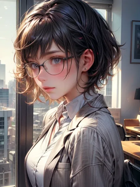 wide shot, (best quality,4k,8k,highres,masterpiece:1.2),ultra-detailed:1.2,(realistic,photorealistic,photo-realistic:1.37),office environment,short bob, round glasses, beautiful detailed eyes,beautiful detailed lips,professional attire,offices lady clothes...