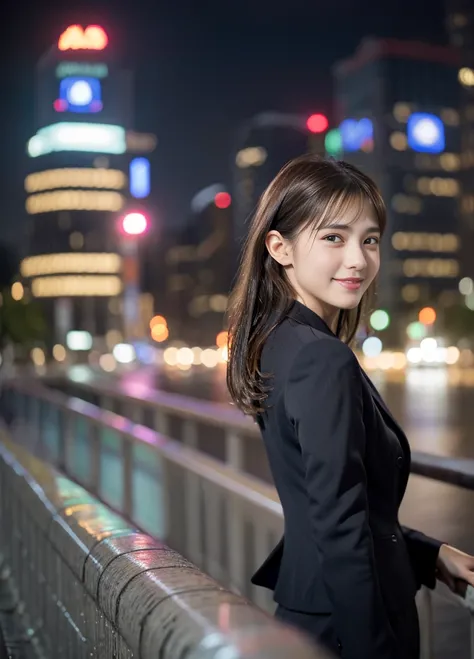 17 year old beautiful girl、Japanese、Highest quality、Realistic、16K、Baby Face、Young face、long hair、With bangs、Very slim、Full body、Mix 4,(8k, RAW Photos, highest quality, Master:1.2), (Realistic, photo-Realistic:1.37),One girl,cute,Cityscape,night,rain,Wet,pr...