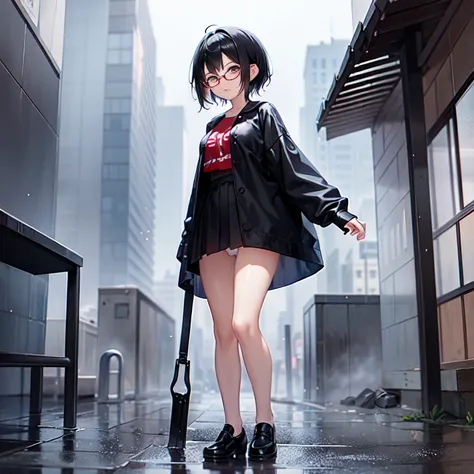 little girlอายุ 14 ปี , short hair, black hair, red eyes, ชุดชั้นในsmall สีขาวแถบแดง, , small, cute, standing in the rain, wet, big breasts, wear glasses, white panties,