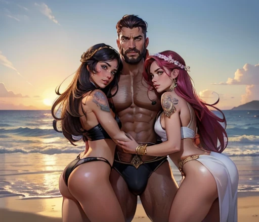 One Handsome short-haired tall huge barbarian beefy muscular Chad Prince in center-of-composition hugging three beautiful bitches tackling him and touching him and feeling him and snuggling him,  dressed like princess, perfect athletic bodies with nice ass...