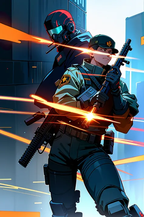 2men,heavily armed police,(They fire their guns flamboyantly),muzzle flash,Maximum Force Tactical Division, are elite law enforcement units tasked with maintaining order in cyberpunk City. They are known for their advanced cybernetic enhancements, heavily ...