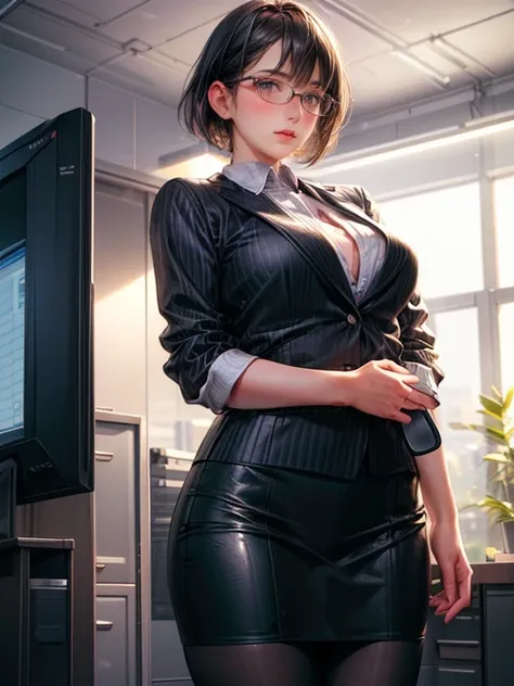 wide shot, (best quality,4k,8k,highres,masterpiece:1.2),ultra-detailed:1.2,(realistic,photorealistic,photo-realistic:1.37),office environment,short bob, round glasses, beautiful detailed eyes,beautiful detailed lips,professional attire,offices lady clothes...