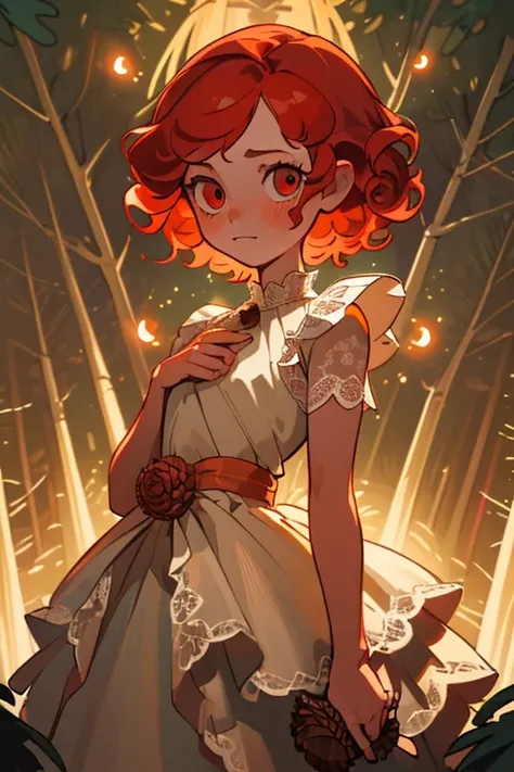 Best quality at best，tmasterpiece），1girll，Flashing fireflies，White lace dress，Rococo，The upper part of the body，forest backgrou，looking at viewert，Girl with red curly hair，flickering eyes，Take the pine cone，