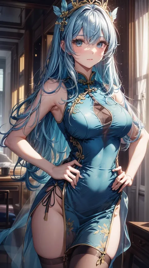 highest quality,All limbs,full finger,light blue hair woman,wavy hair woman、beautiful biggest breasted、Slender beauty、1 female、(((A woman wearing a super sheer blue short cheongsam dress:1.3))), golden pattern cheongsam、(((woman wearing sparking sheer brow...