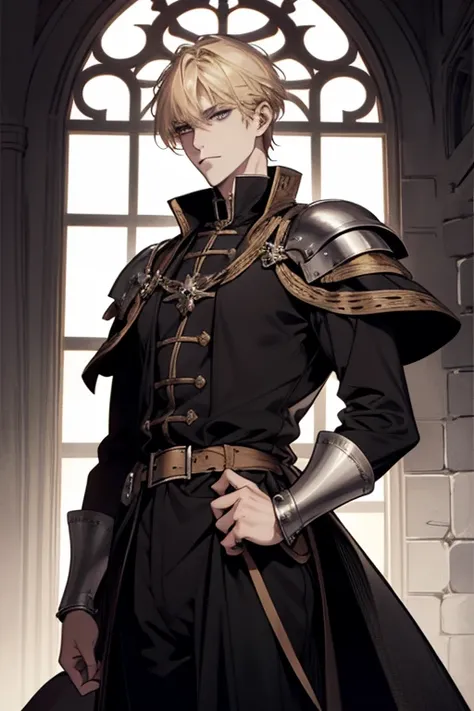 1 male, adult, blond hair with bangs, prince, black clothes, handsome, calm, beautiful, condescending, lean body, in a castle, m...