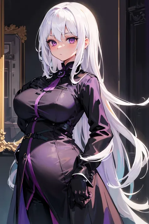 (masterpiece, best quality:1.2), illustration, 8k, HD, 1 Girl, Solitary, (((white hair, purple eyes, black coat,))) Large Breasts, Black pants, indoors, (assignment:0.5), High, Mature, elegant, Black gloves, Upper Body, From the front, Long hair,Pregnant