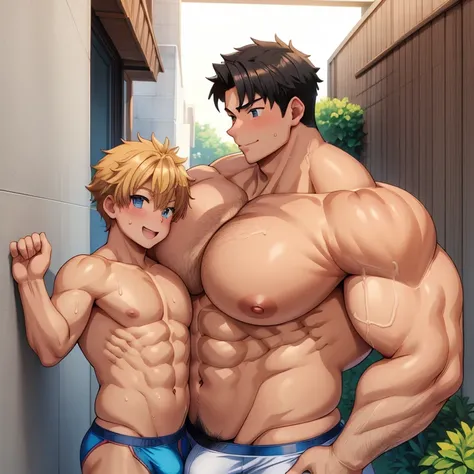 Masterpiece, top quality, size comparison of two teenage boys, no clothes, 2boy.  The big boys pectoral muscles were bigger and heavier than the little boys, so the big boy used his huge weight to push the little boy against the wall.  muscular man, pector...