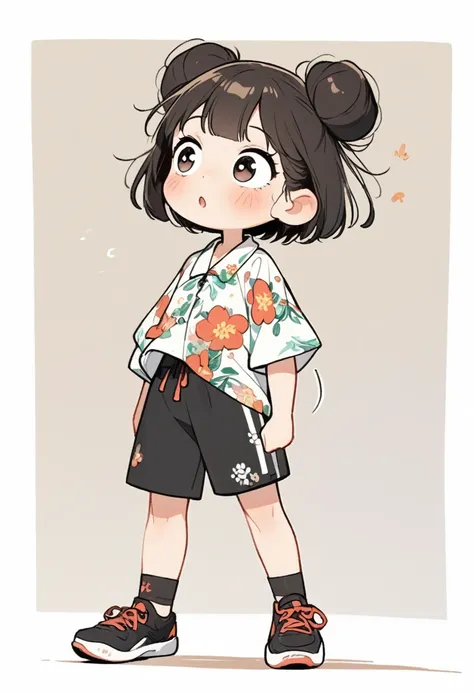 Comic character design,A Chinese girl, Solitary，big eyes，Very cute expression，Two steamed buns，Floral shirt，sports Shorts，Black shoes，permanent,interesting，clear lines,Beautiful picture quality