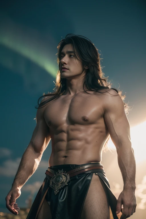 Male seraphim, four expansive wings reflecting an aurora and galactic theme, dark hair cascading beyond a stark jawline, bare chest exhibiting exquisite definition, loincloth ensemble, voluminous black leather cape captured mid-billow revealing intricate e...