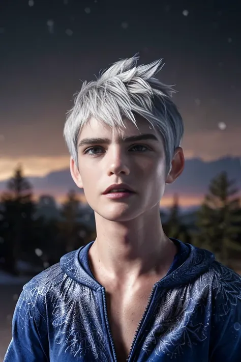 (8k, raw photo, highest quality), (((full-body shot:1.2))), (((jack frost:1.3))), male model, blue eyes, light blue eyes, intens...