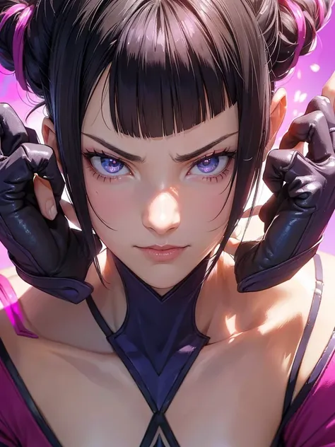 Juri Han, street fighter(master part, best quality, ultra-detalhado, Melhor sombra), (Antecedentes detalhados, Olhando para o Viewer, Serious, irritado), Rosto detalhado, (best ilumination), ((Cinematic light)), colorido, hiper detalhe, dramatic light, det...