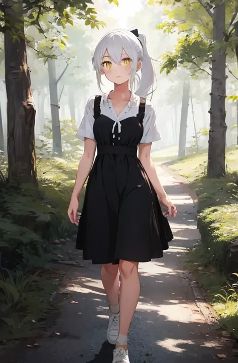 masterpiece,(1girl:17 yo), best quality, beautiful art style, V-neck dress, white hair, long hair, ponytail ,yellow eyes, cheerful expression, outside (forest), hill view, book cover ,full body, walking in the forest 