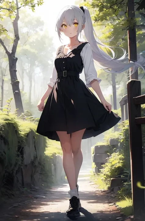 masterpiece,(1girl:17 yo), best quality, beautiful art style, V-neck dress, white hair, long hair, ponytail ,yellow eyes, cheerful expression, outside (forest), hill view, book cover ,full body, walking in the forest 