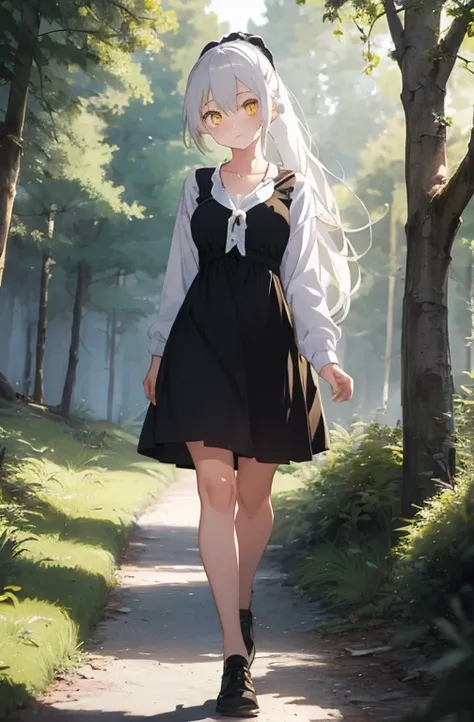 masterpiece,(1girl:17 yo), best quality, beautiful art style, V-neck dress, white hair, long hair, ponytail ,yellow eyes, cheerful expression, outside (forest), hill view, book cover ,full body, walking in the forest 