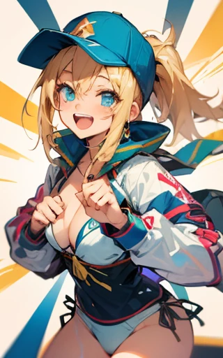 highest quality、High resolution、Detailed Mysterious Heroine X、Hmph、join hands、Laughing with your mouth open、Wearing a dark blue baseball cap、ponytail、Wear a jersey、Wearing a white bikini、Blonde、