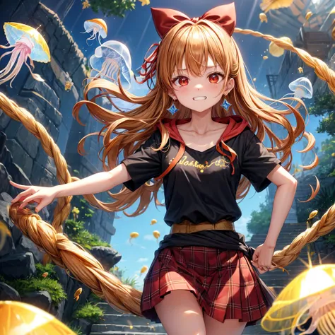 Brown, red, gold, golden hair、red eyes、One good looking girl、solo、anime、plaid mini skirt、black camisole、Black T-shirt、hoodie、Wearing a ribbon、Ribbon on waist、Crystal Earrings、treasure石のネックレス、Light and shadow、Tilting face、teeth are visible、pillar、Kind Face、...