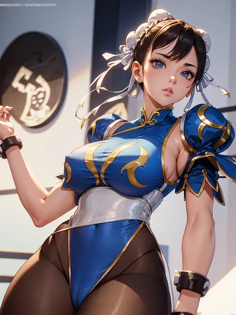 coxa sarada,Chun-Li,linda jovem com uniforme azul classico, coxas grossas, belas coxas sexy,um pouco muscolosa, cabelo preso, black tights,cidade chinesa a tarde, Standing alone.solo, roupa azul, saia azul, olhar serio, belos olhos, belo rosto bem detalhad...