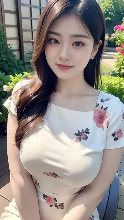 draw lips correctly, lipstick, From the chest up, highest quality, Very detailed, Realistic, super thin skin, Perfect Anatomy, (1 Japanese MILF), (alone)，Wear a luxurious floral green round neck dress，Short sleeve，Long Wavy Hair，27 year old female，Cute Smi...