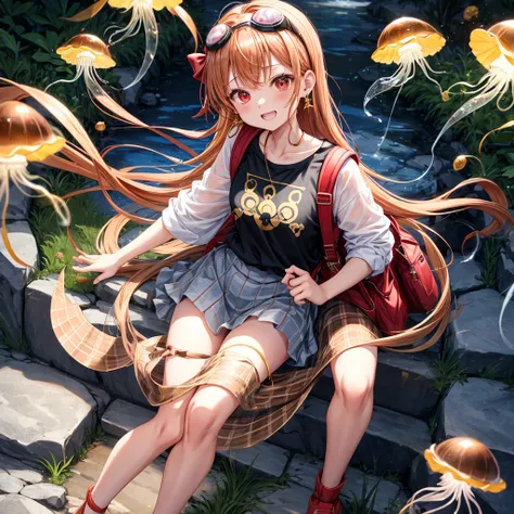 Brown, red, gold, golden hair、red eyes、One good looking girl、solo、anime、plaid mini skirt、black camisole、Black T-shirt、hoodie、Wearing a ribbon、Ribbon on waist、Crystal Earrings、treasure石のネックレス、Light and shadow、Tilting face、teeth are visible、pillar、Kind Face、...