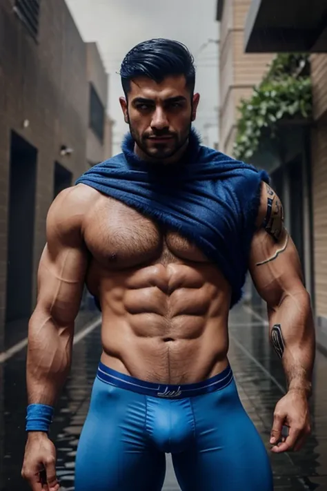 A muscular and tattooed Persia man, wearing blue  tights with his chest exposed, revealing the soft fur on his chest while soaking in the rain 