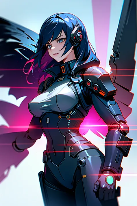 a woman,(has mechanical wings),heavily armed police,fire her guns flamboyantly,Maximum Force Tactical Division, elite law enforcement unit tasked with maintaining order in cyberpunk City. she is known for their advanced cybernetic enhancements, heavily arm...