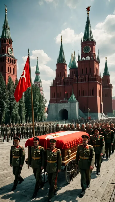 period piece masterpiece, Stalins casket, draped in a Soviet flag, is carried by soldiers towards the entrance of the mausoleum. In the background, the spires of the Kremlin loom, background cinematic, hyper realistic, ultra detailed hyper realistic, photo...