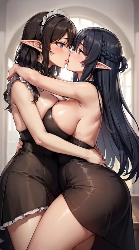 ((1 名girl and 1 elder:Hug together)),((kiss:1.7)),Ridiculous resolution、high resolution、(masterpiece:1.4)、Ultra Detailed、(girl:Crying),(elder:Black Hair),(1 名girl:Beautiful face),(Delicate face),(dark blue hair), (braids hair), (Double braids), (Straight H...