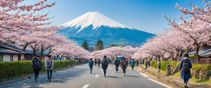 ((masterpiece, best quality, Highest image quality, high resolution, Reality, original photo, 8k)), spring morning, In a rural town in Japan, Students walk along a road lined with cherry blossom trees to the train station, (Watch from above:1.3), 