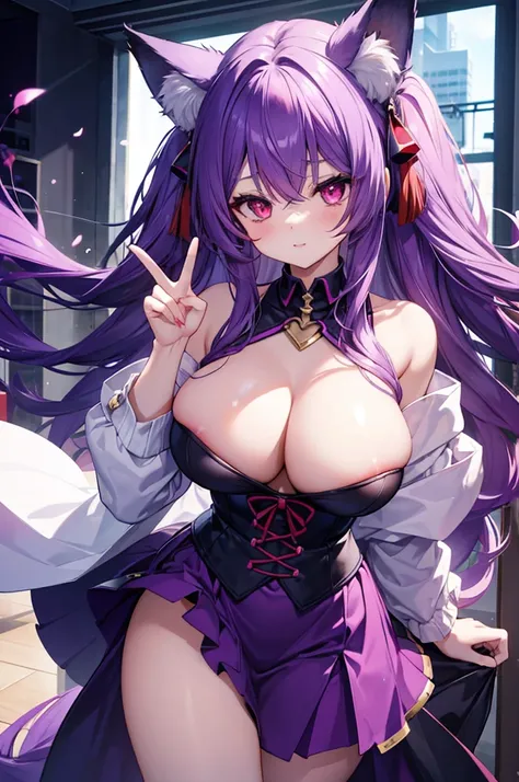 Fox Girl, Big Breasts, Voluminous purple hair, masterpiece , Red eyes, hd, from head to chest, buried in my chest、Underbust, Ahegao、Double Peace