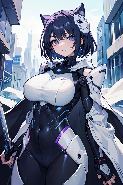 Cowboy Shot, Cowboy Shot, (Pouting face),Has a huge sword, Surreal, detailed anime face, White Armor, Female robot suit, Mask with V-shaped corners,  Wearing a cybernetic techwear cloak, huge extra booster, Lightless Eyes, Sleek design, Dark fantasy, Futur...