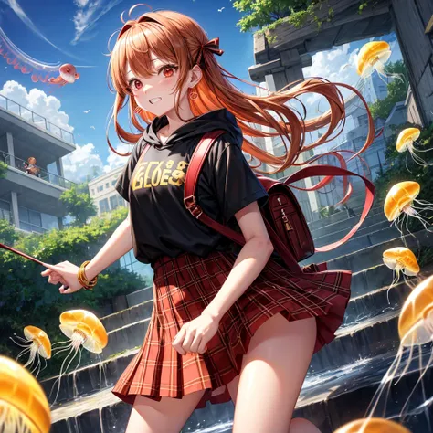 Brown, red, gold, golden hair、red eyes、One good looking girl、solo、anime、plaid mini skirt、black camisole、Black T-shirt、hoodie、Wearing a ribbon、Ribbon on waist、Crystal Earrings、treasure石のネックレス、Light and shadow、Tilting face、teeth are visible、pillar、Kind Face、...