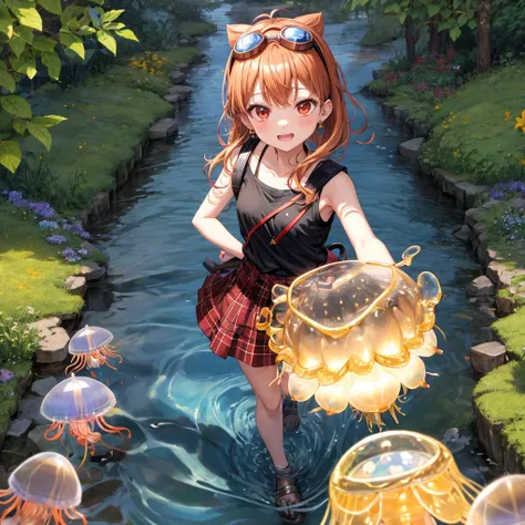 Brown, red, gold, golden hair、red eyes、One good looking girl、solo、anime、plaid mini skirt、black camisole、Black T-shirt、hoodie、Wearing a ribbon、Ribbon on waist、Crystal Earrings、treasure石のネックレス、Light and shadow、Tilting face、teeth are visible、pillar、Kind Face、...