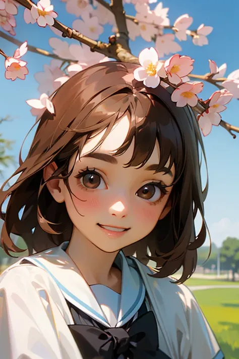 highest quality, work, (Realistic: 1,2), 1 girl, brown hair, Brown eyes, front, Detailed face, Beautiful Eyes、Smiling Kindly、Smiling with teeth showing、Spring Clothes、Take a peek here、up、