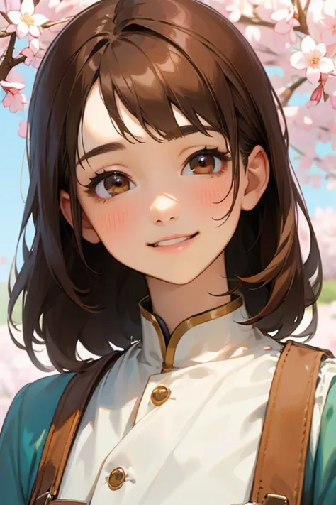 highest quality, work, (Realistic: 1,2), 1 girl, brown hair, Brown eyes, front, Detailed face, Beautiful Eyes、Smiling Kindly、Smiling with teeth showing、Spring Clothes、Take a peek here、up、