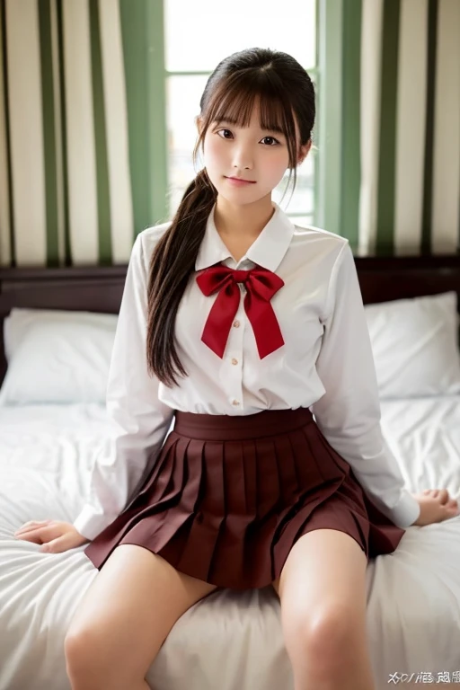 Beautiful Japanese high school sophomore, 17 years old　height: 153 cm 、82、58、82 　ＤShapely breasts with cups　Baby Face　small face　Fair skin　Glossy chestnut ponytail　black blazer、On a white blouse、Grade Pleated Skirt、Red ribbon tie、White socks、Full-body imag...