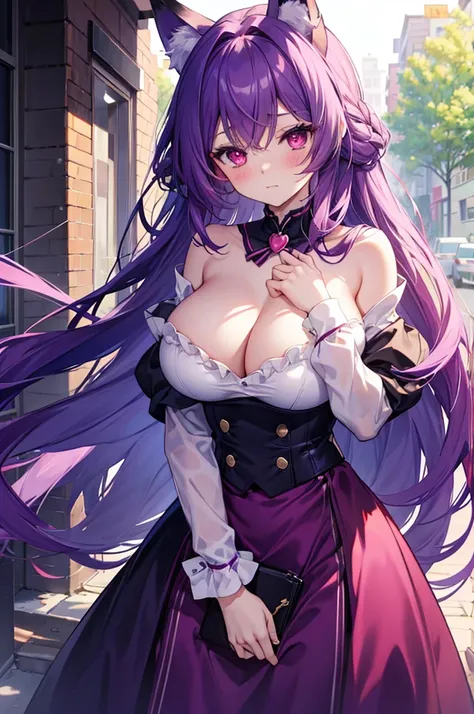 Fox Girl, Big Breasts, Voluminous purple hair, masterpiece , Red eyes、Blushed cheeks、 hd, from head to chest, buried in my chest、Underbust、piece、hair band