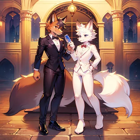 a cartoon picture of two foxes dressed in formal clothing and holding a bottle, commission on furaffinity, fursona furry art commission, furaffinity commission, fursona commission, furries wearing tails, furry art!!!, fursona art, very very beautiful furry...