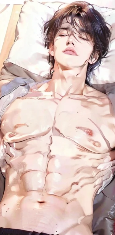 masterpiece, best quality, extremely detailed, cinematic lightning, intricate detail, highres, official art, finely detailed handsome face and closed eyes, high resolution illustration, 8k, depth of field, 1boy, a boy with messy black hair hair and closed ...