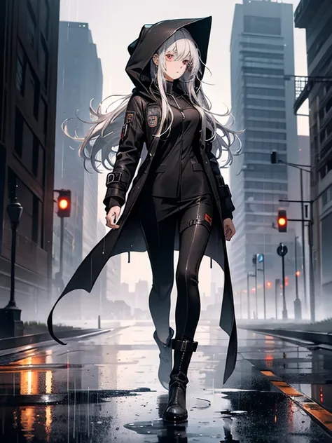 (Confused, High resolution, Very detailed), 1 female, Silver Hair,Long Hair,reddish brown eyes,Black hooded pilot coat,Black and white suit,wearing boots,mid 20&#39;s,Beautiful woman,cool face,thin,Are thin,quiet,Calm,In the pouring rain