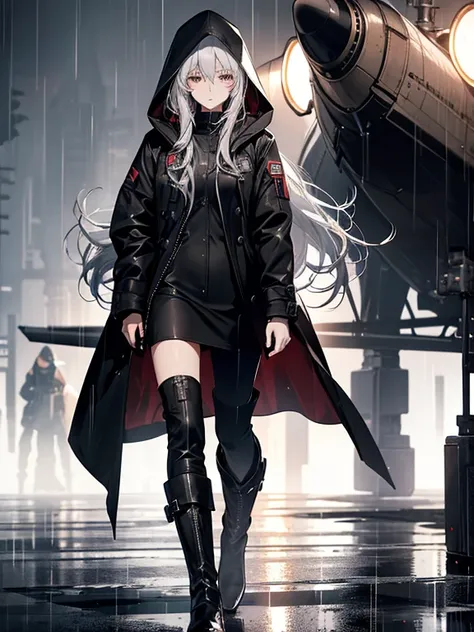 (Confused, High resolution, Very detailed), 1 female, Silver Hair,Long Hair,reddish brown eyes,Black hooded pilot coat,Black and white suit,wearing boots,mid 20&#39;s,Beautiful woman,cool face,thin,Are thin,quiet,Calm,In the pouring rain